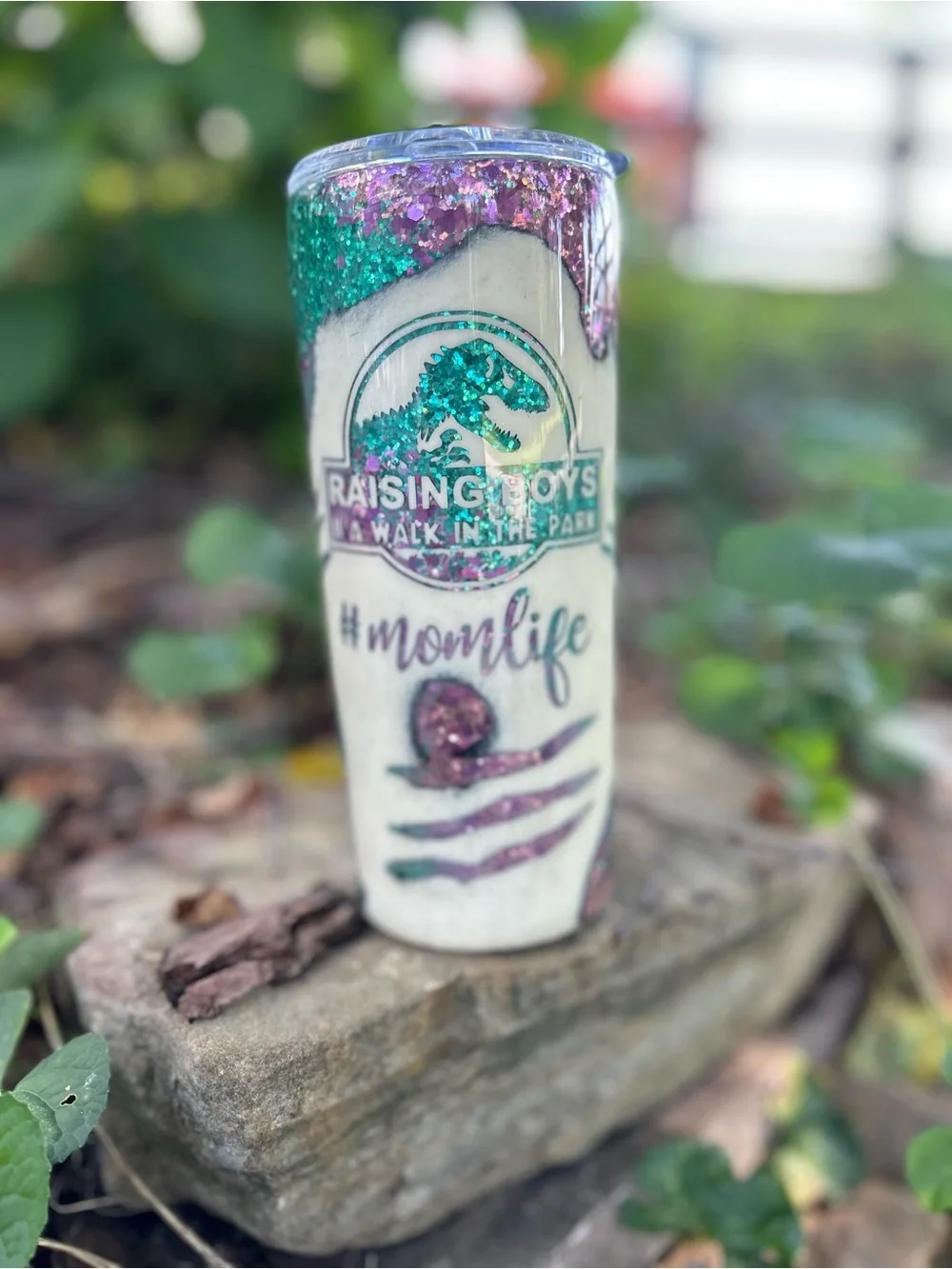 #momlife Glitter Tumbler with Dinosaur Logo - Teal & Purple